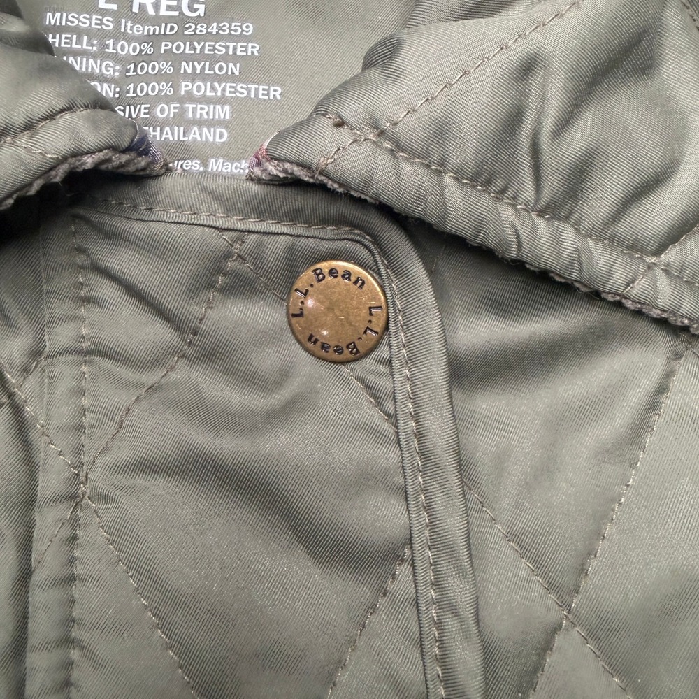 LL Bean Quilted Riding Jacket Women Large Olive Green Plaid Lined Snap Barn Coat - Picture 9 of 14